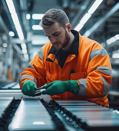 A worker in an orange safety jacket and green gloves is sitting at the production line of electric vehicles, working on a battery cell with multiple wires connected to it