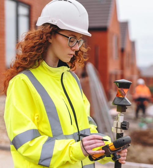 Femail building Engineer using surveying instrument on construction site
