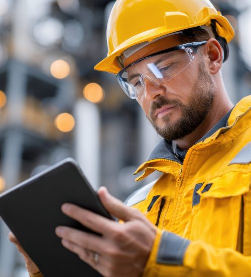 A man in a yellow jacket is looking at a tablet while wearing a hard hat. He is likely a worker in a construction or industrial setting