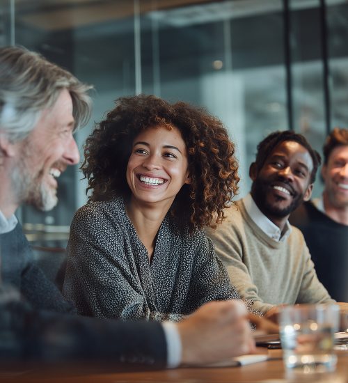 Diverse business team engaged in lively discussion and smiling during a meeting in a modern office setting