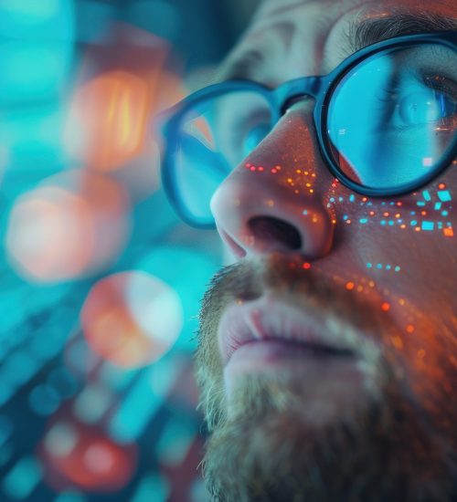 A captivating cinematic portrayal of a focused man of European ancestry, with a neatly trimmed beard and stylish black-framed glasses, gazing intently upwards at a dynamic, brightly glowing data interface. His blue eyes, reflecting the screen's vibrant teal and crimson hues, convey deep concentration. The scene is bathed in a soft, ambient light emanating from the intricate digital display, creating dramatic shadows and highlights across his thoughtful face and textured beard. The texture of his dark suit jacket is subtly visible. A sense of intellectual engagement and discovery pervades the atmosphere. Captured with a RED V-RAPTOR XL 8K VV, using a Cooke S4/i 75mm lens, aperture T2.8, ISO 800, creating a shallow depth of field that isolates the subject against the luminous data. --ar 16:9 --stylize 250 --v 6 Job ID: b48f5a0c-e26a-4a3c-afb8-da69f82e6c41