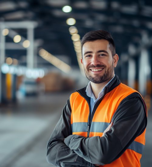 Confident Engineer Managing Logistics at Transportation Hub with a Smile
